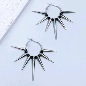 NEW! Silver Punk Spike Black Beaded Hoop Earrings